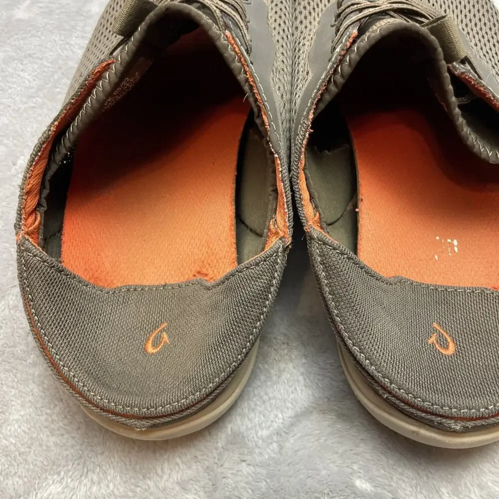 OluKai Mens Moku Pae Boat Shoes Size 10.5 Khaki Gray Mesh Slip On Beach Comfort